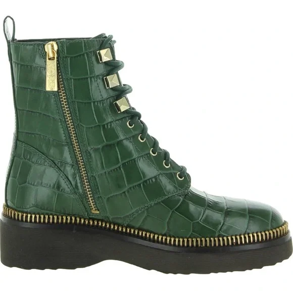 Michael Kors Embossed Croc Patent Leather Haskell Bootie Moss Green Combat Boot - Picture 2 of 11